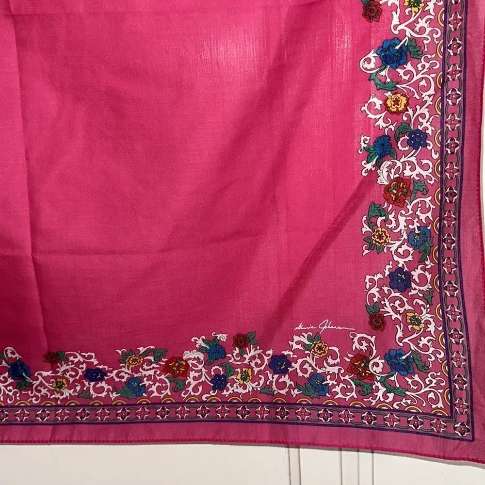 Vintage 1987 Ginnie Johansen bright pink cotton square scarf/ paisley border‎